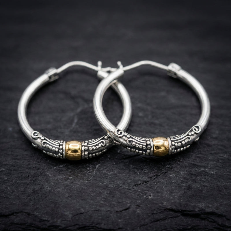 Vintage Silver Carved Pattern Hoop Earrings