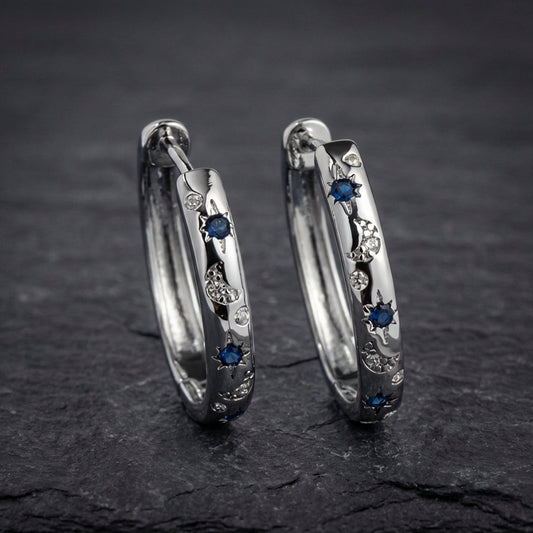 Vintage Silver Carving Sun And Moon Hoop Earrings