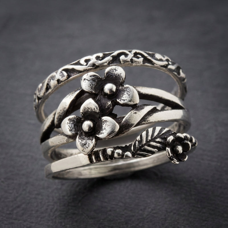 Vintage Silver Flower Layered Ring