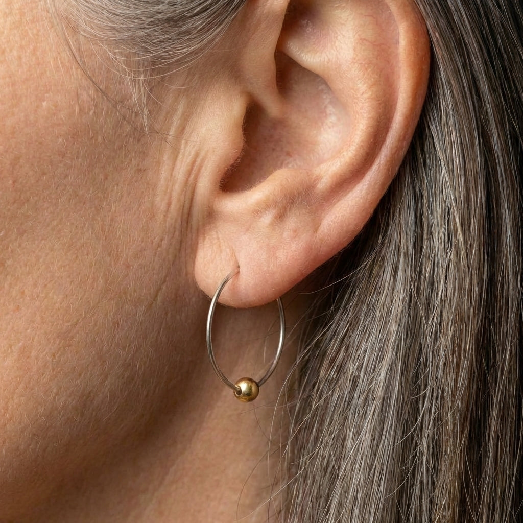 Silver Hoop Golden Pearl Earrings