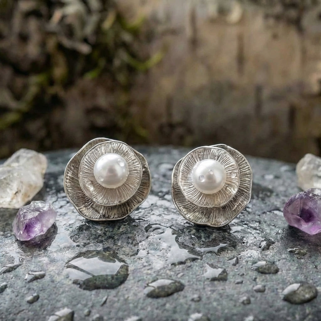 Vintage Silver Petal Pearl Stud Earrings