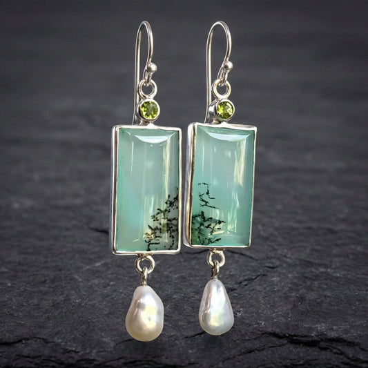 Vintage Square Green Opal Stone Dangle Earrings