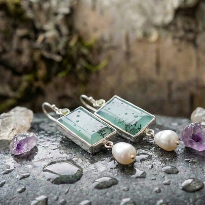 Vintage Square Green Opal Stone Dangle Earrings