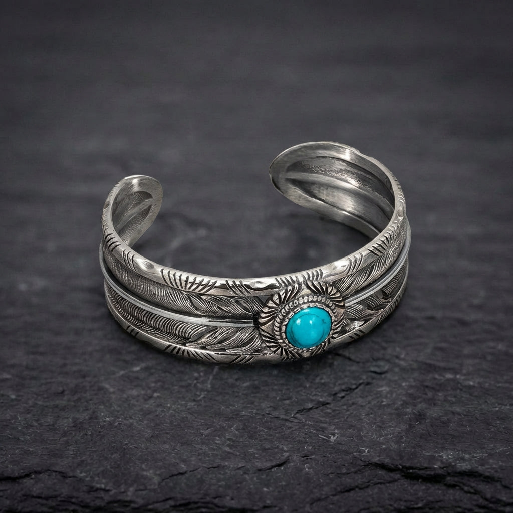 Vintage Turquoise Feather Silver Bracelet