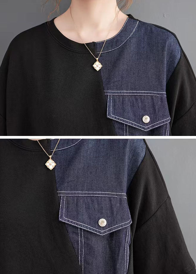 Black Patchwork Denim Blue Sweater Dresses Quotes Pockets Baggy Sweater Dresses