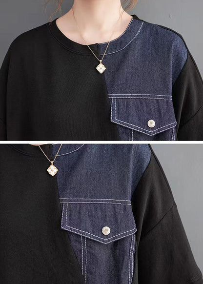 Black Patchwork Denim Blue Sweater Dresses Quotes Pockets Baggy Sweater Dresses