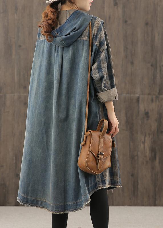 Vivid Denim Blue Plaid Tunic Hooded Button Down Dress