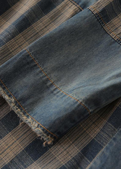 Vivid Denim Blue Plaid Tunic Hooded Button Down Dress