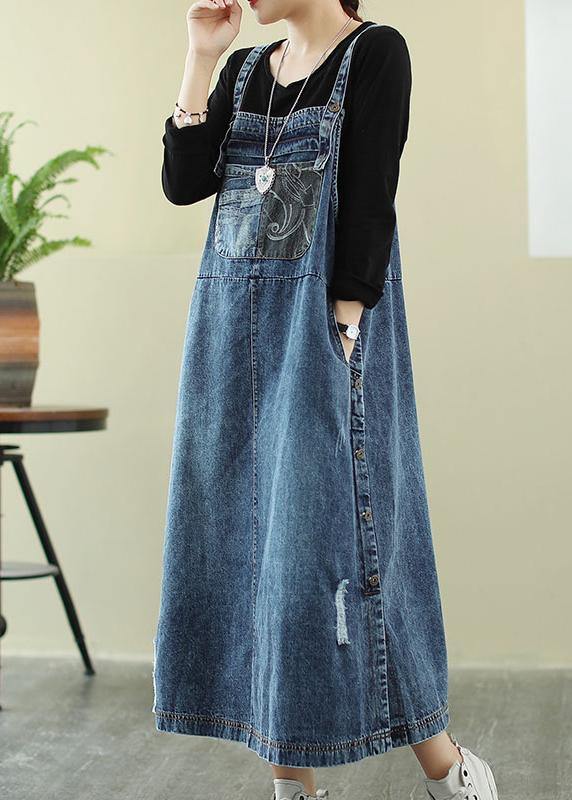 Vivid Denim Blue-white Flowers Tunic Dress Slash Neck Hole Maxi Dress