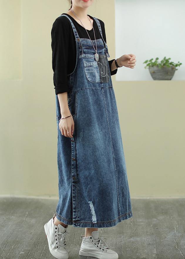 Vivid Denim Blue-white Flowers Tunic Dress Slash Neck Hole Maxi Dress