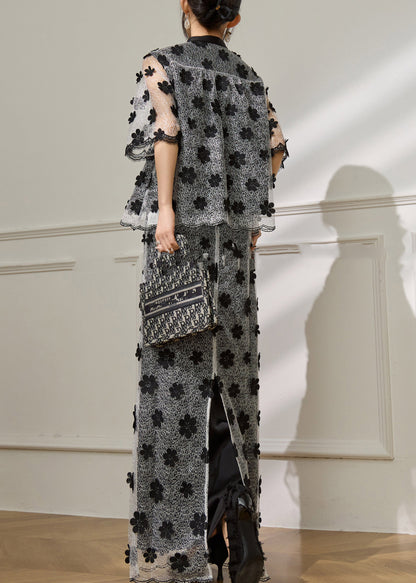 Vogue Black Embroidered Tulle Top and Maxi Skirts Two Pieces Set Short Sleeve
