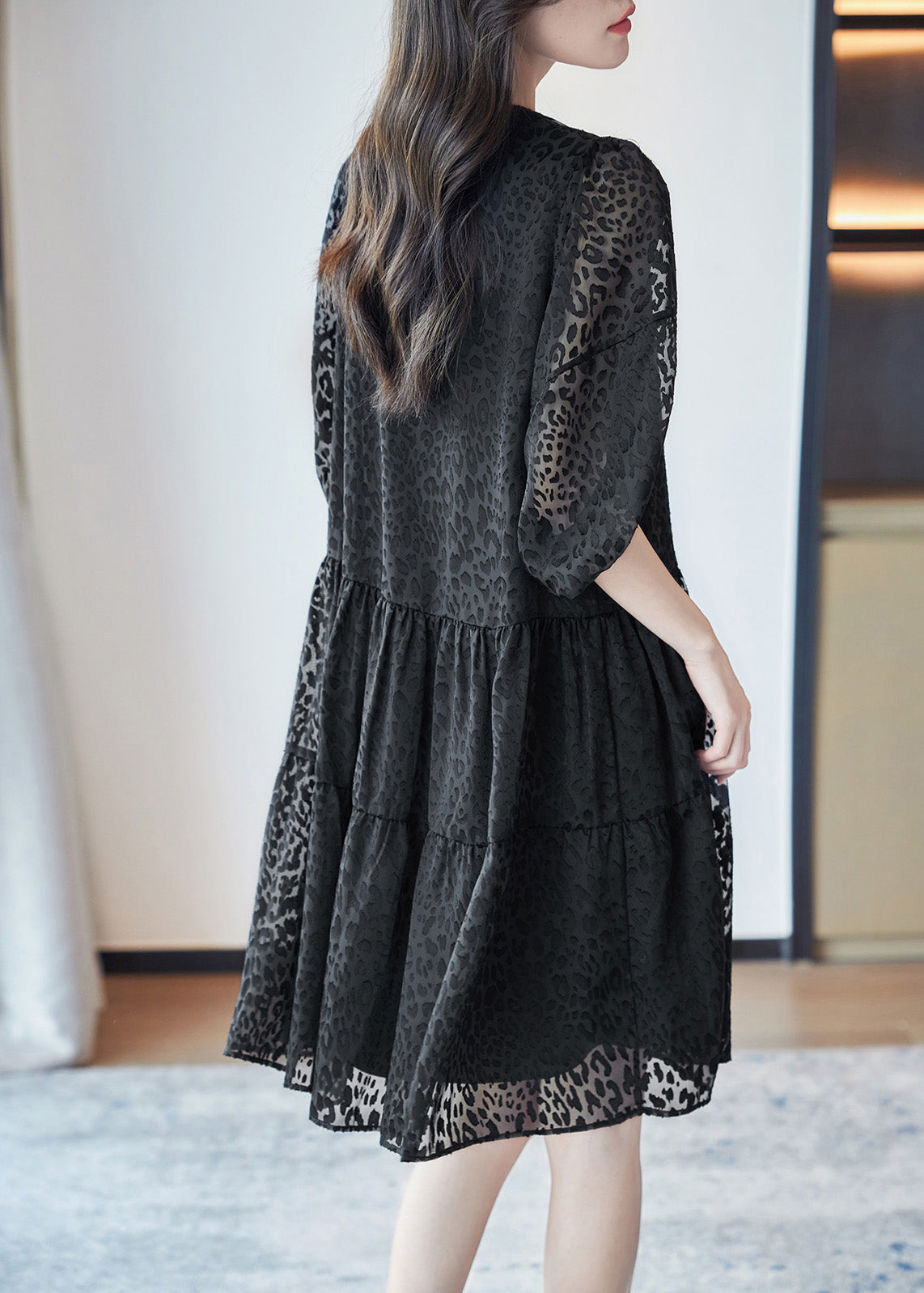 Vogue Black O-neck Print Mid Dresses Summer