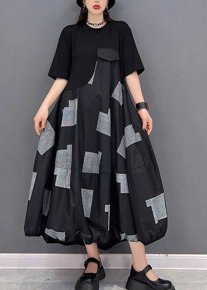 Vogue Black O-neck Print Patchwork Long Dress Short Sleeve