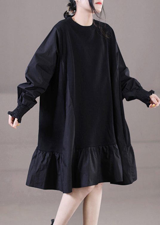 Vogue Black O-neck Ruffles Patchwork Mid Dresses Long Sleeve