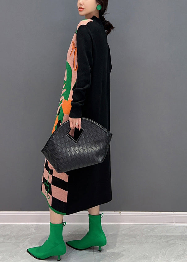 Vogue Green O-neck Print Knit Maxi Dress Fall