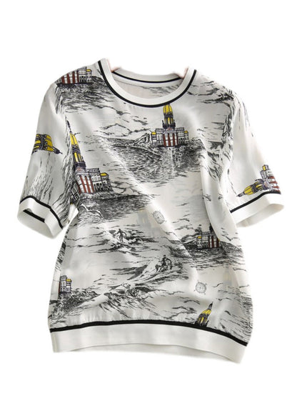 Vogue O-neck Print Silk T Shirt Short Sleeve