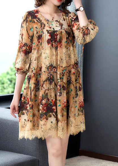 Vogue O-neck Print Wrinkled Lace Patchwork Silk Mid Dress Long Sleeve