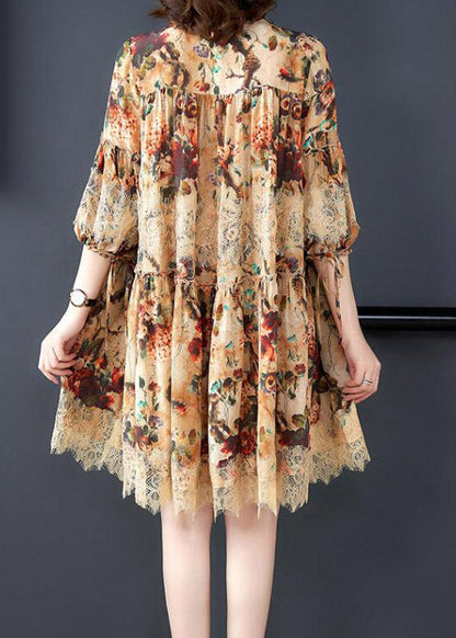 Vogue O-neck Print Wrinkled Lace Patchwork Silk Mid Dress Long Sleeve