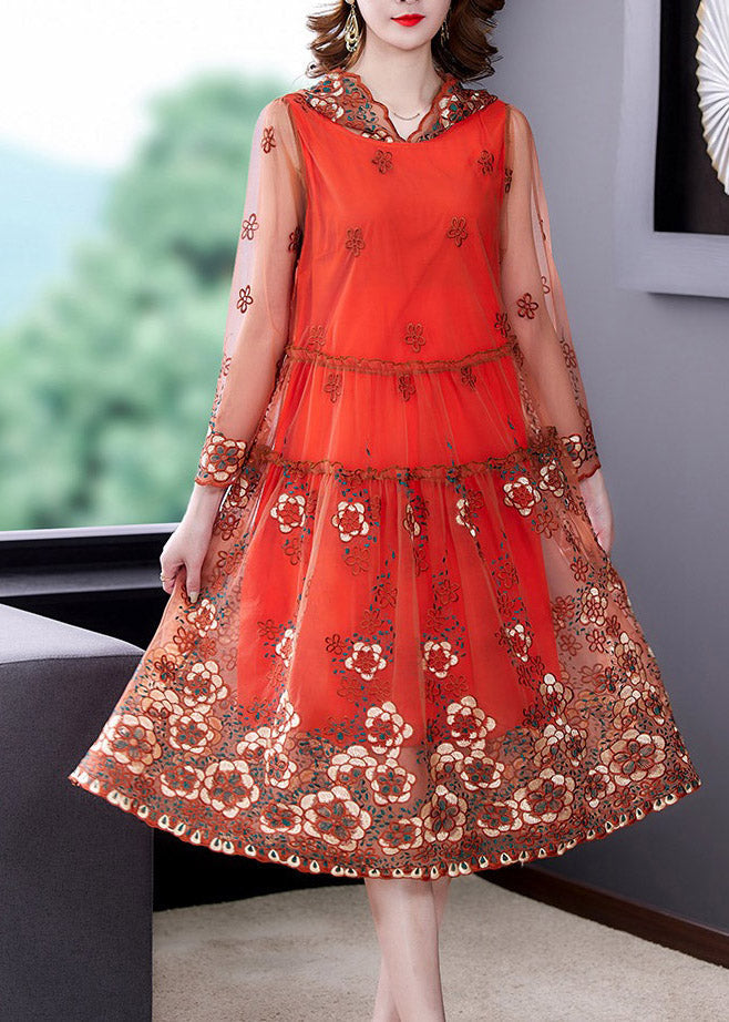 Vogue Orange Embroidered Tulle Hooded Long Dresses Spring