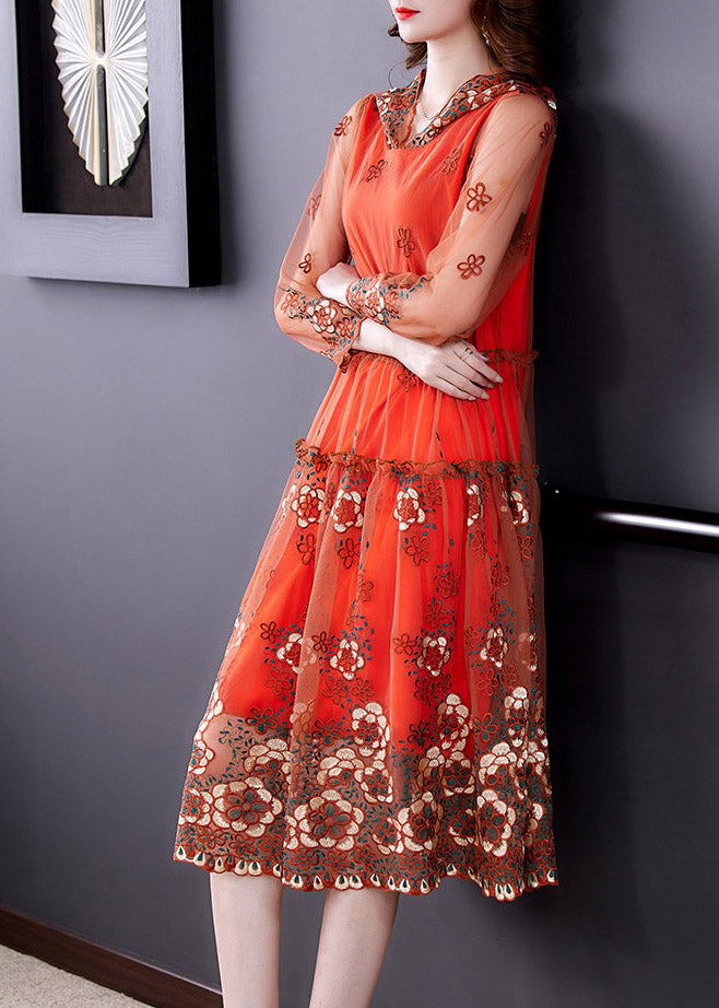 Vogue Orange Embroidered Tulle Hooded Long Dresses Spring