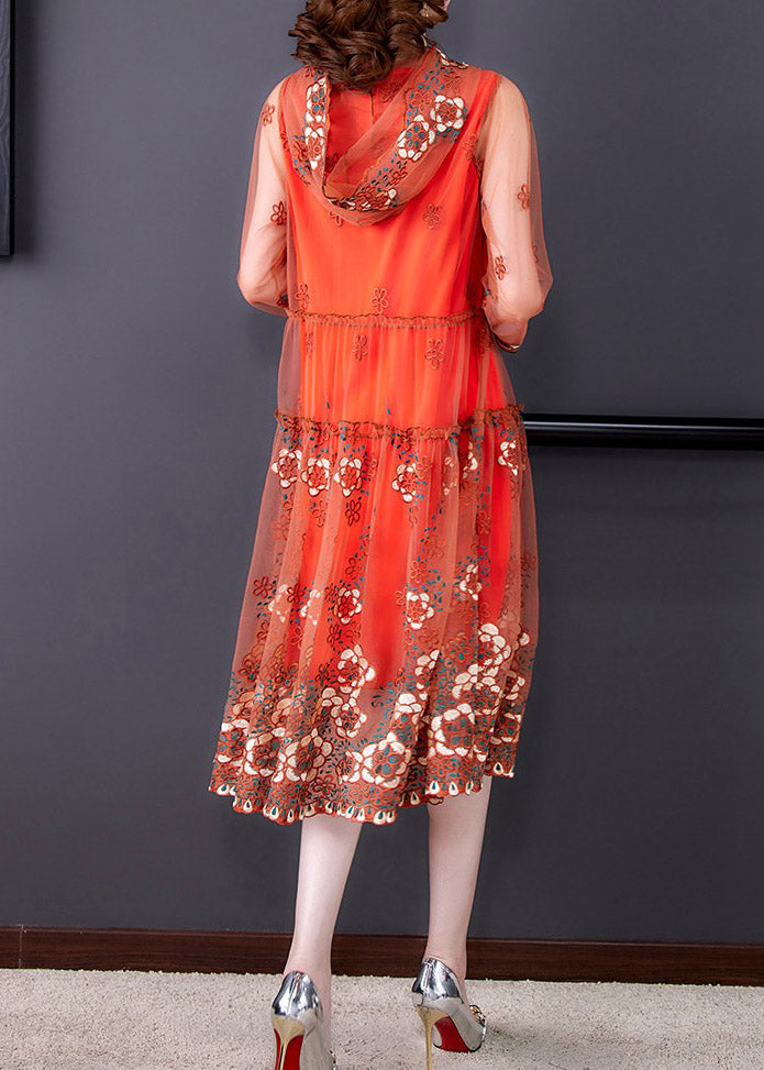 Vogue Orange Embroidered Tulle Hooded Long Dresses Spring
