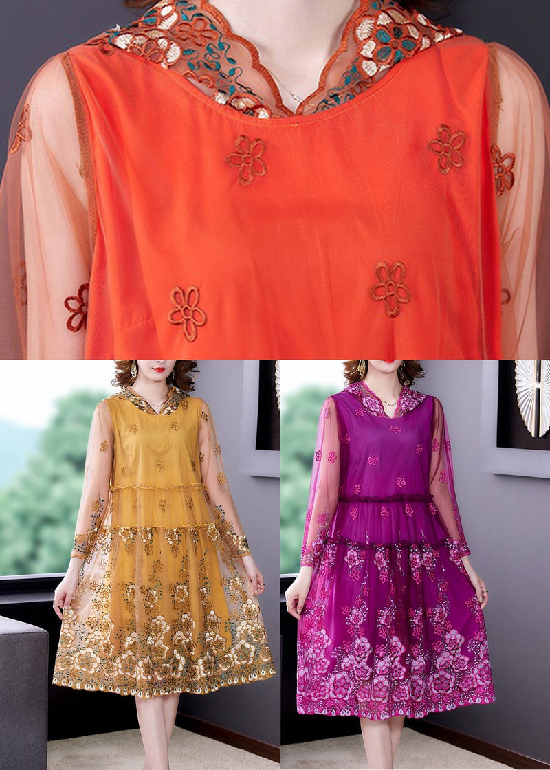 Vogue Orange Embroidered Tulle Hooded Long Dresses Spring