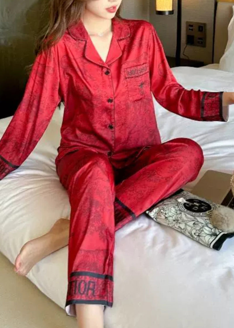 Vogue Red Print Silk Shirts and Wide Leg Pants Two Pieces Set Long Sleeve