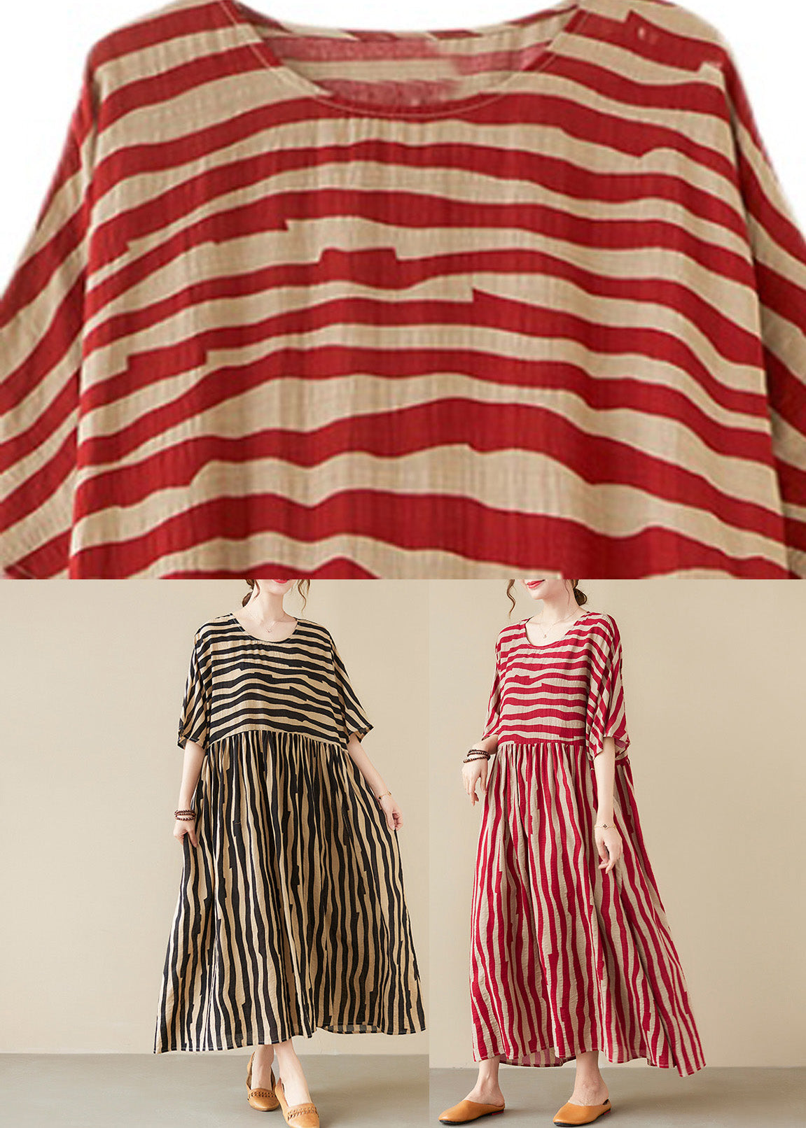 Vogue Red Striped O-neck Long Dresses Short Sleeve