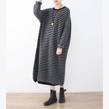 Warm Striped Knit Dresses Patchwork Sweater Gray Pullover Sweater