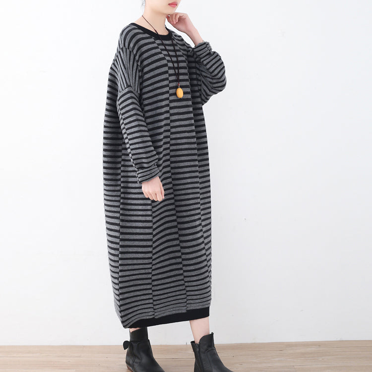 Warm Striped Knit Dresses Patchwork Sweater Gray Pullover Sweater