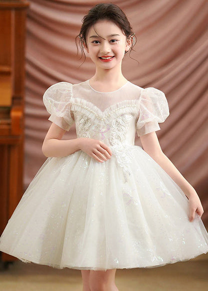 White Embroideried Tulle Baby Party Dress Puff Sleeve Summer