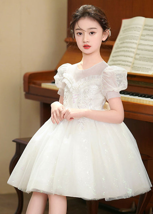 White Embroideried Tulle Baby Party Dress Puff Sleeve Summer
