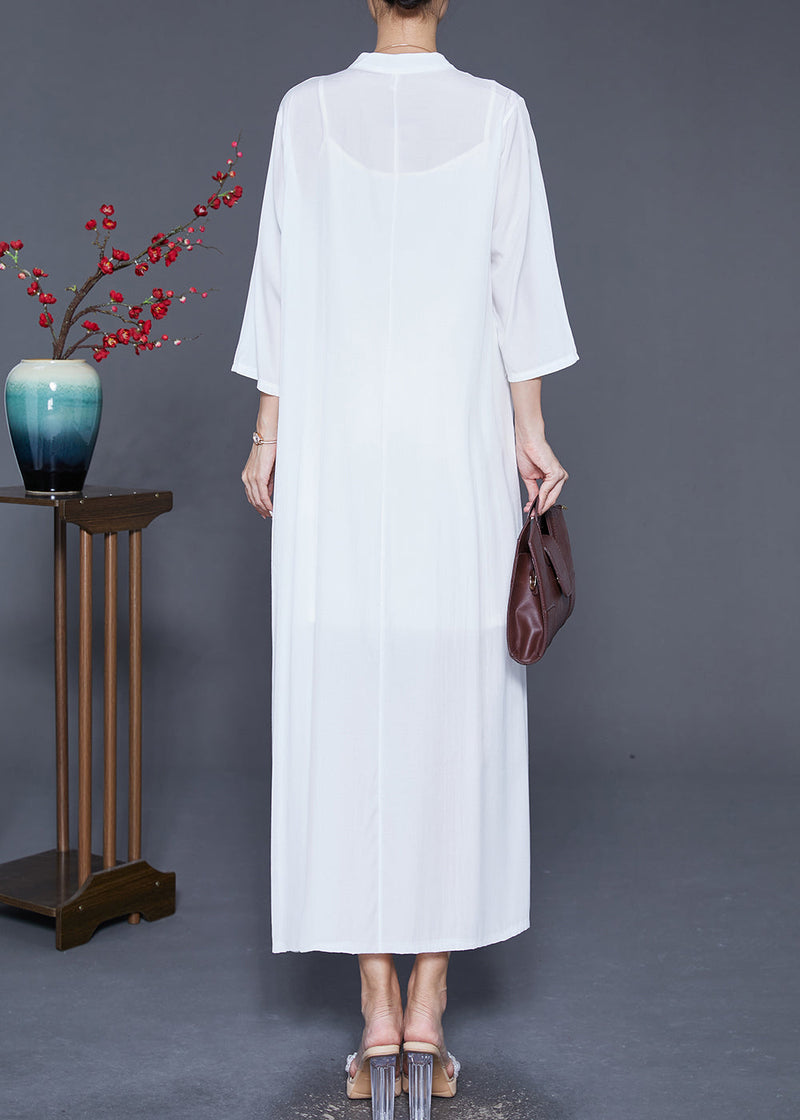 White Linen a Line Dresses Oversized Wrinkled Bracelet Sleeve