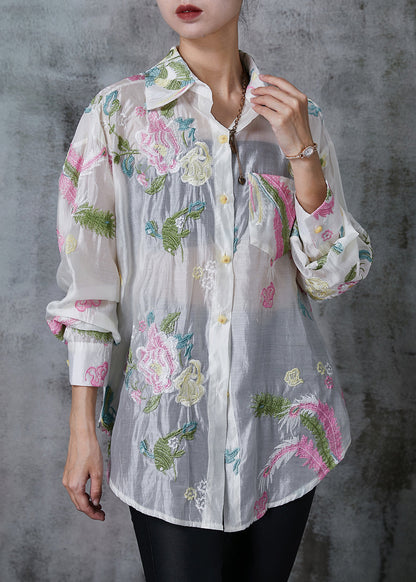 White Linen Silk Upf 50+ Shirt Top Embroidered Summer