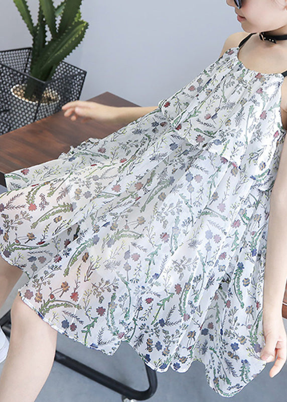 White O-neck Chiffon Slip Mid Dress Summer
