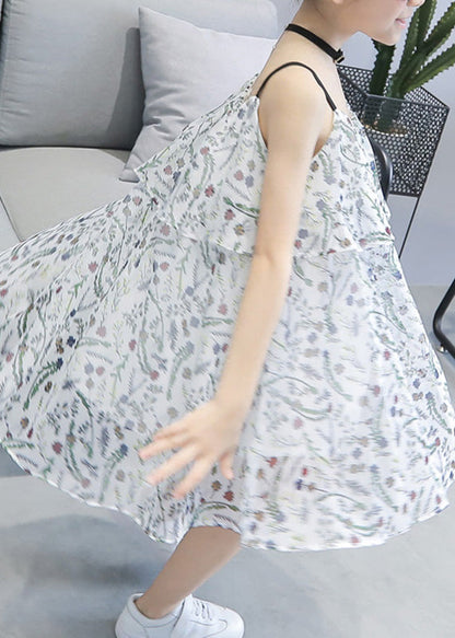 White O-neck Chiffon Slip Mid Dress Summer
