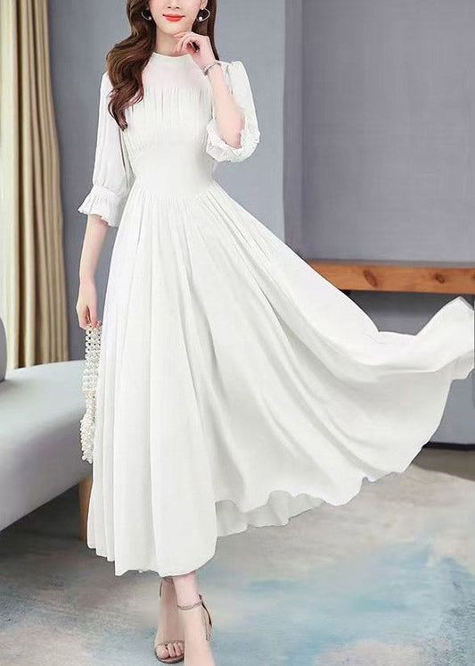 White O-neck Wrinkled Tunic Chiffon Maxi Holiday Dress Summer