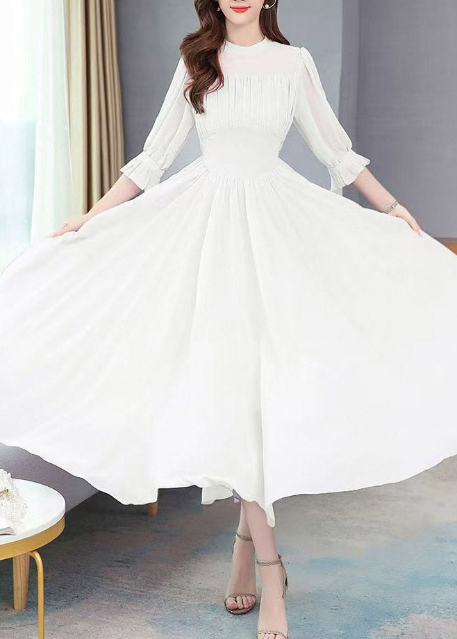 White O-neck Wrinkled Tunic Chiffon Maxi Holiday Dress Summer