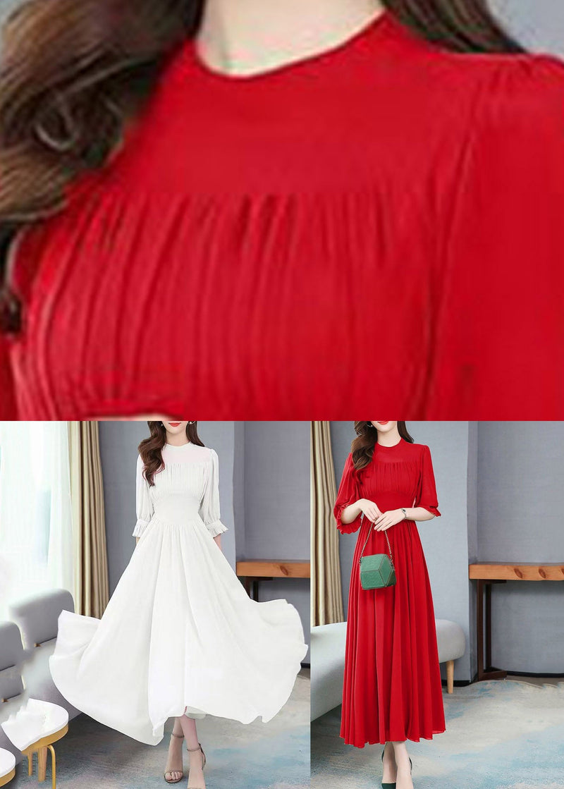 White O-neck Wrinkled Tunic Chiffon Maxi Holiday Dress Summer