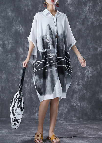 White Patchwork Cotton Dresses Inkwash Painting Summer