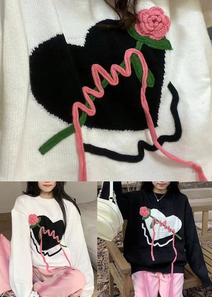 White Patchwork Cozy Knit Sweaters O Neck Heart Fall