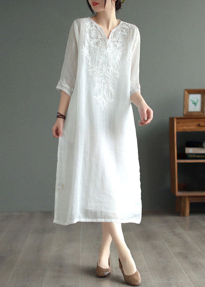 Black Geometry Patchwork Linen Dresses V Neck Embroidered Bracelet Sleeve