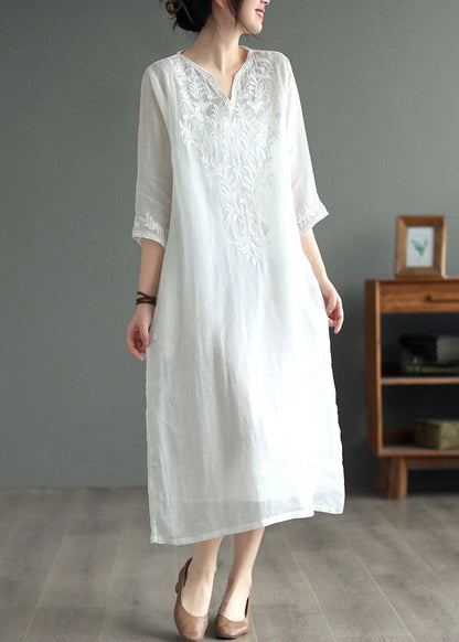 Black Geometry Patchwork Linen Dresses V Neck Embroidered Bracelet Sleeve