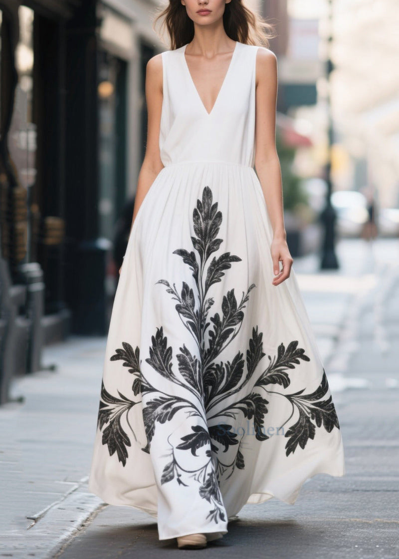 White Print Chiffon Vacation Dress Exra Large Hem Summer