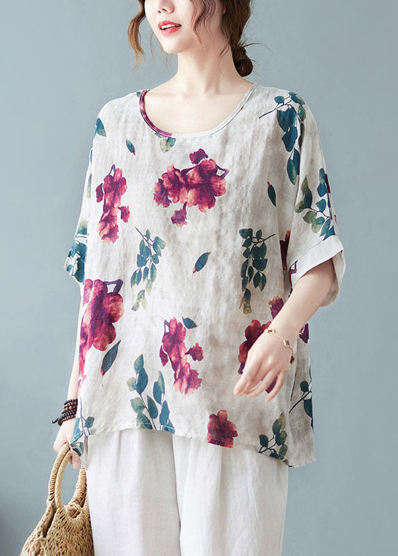 White Print Cotton Tanks O-neck Low High Design Short Sleeve