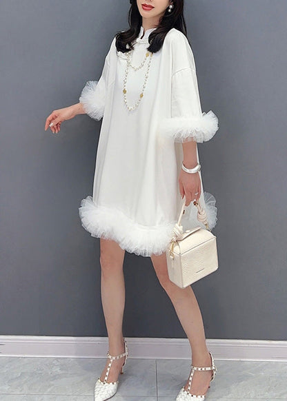 White Stand Collar Button Mid Dress Half Sleeve