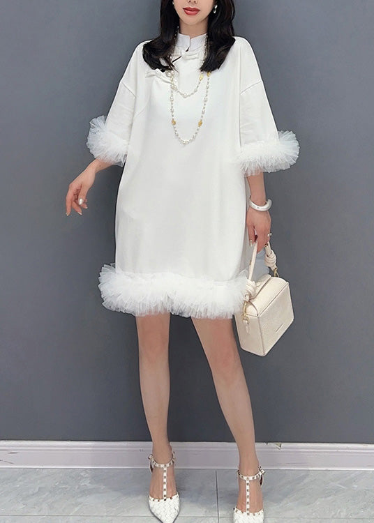White Stand Collar Button Mid Dress Half Sleeve