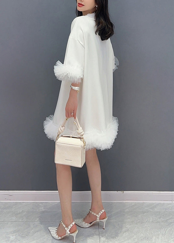 White Stand Collar Button Mid Dress Half Sleeve