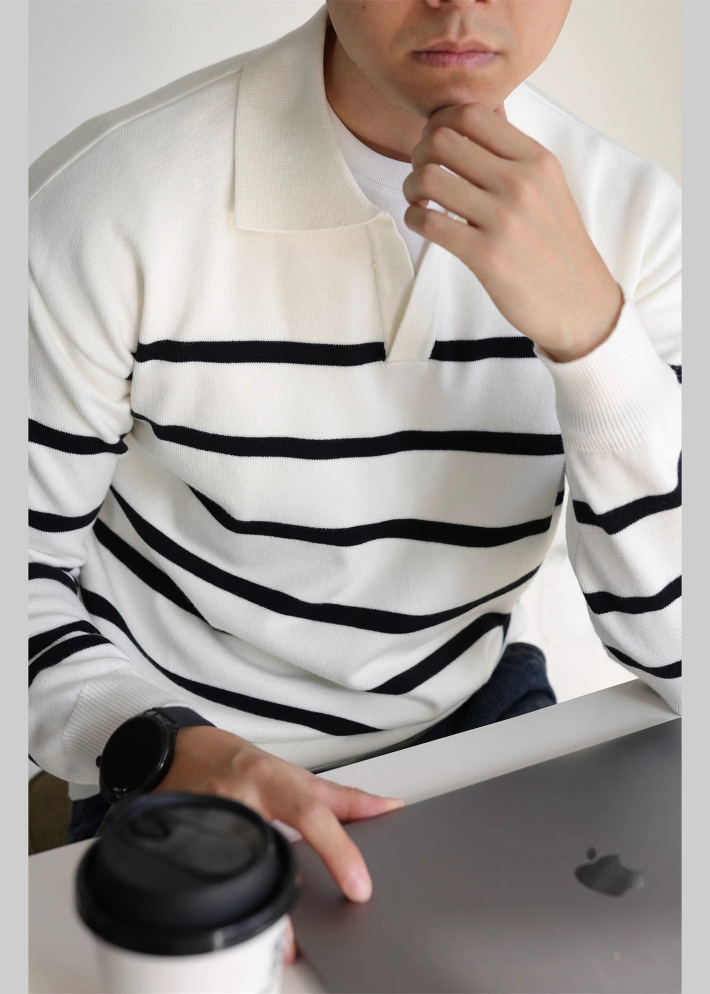 White Striped Cozy Knit Sweater Peter Pan Collar