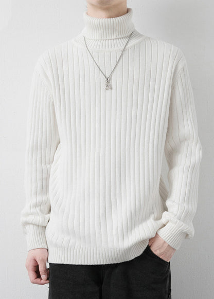 White Striped Knit Winter Sweaters Turtleneck